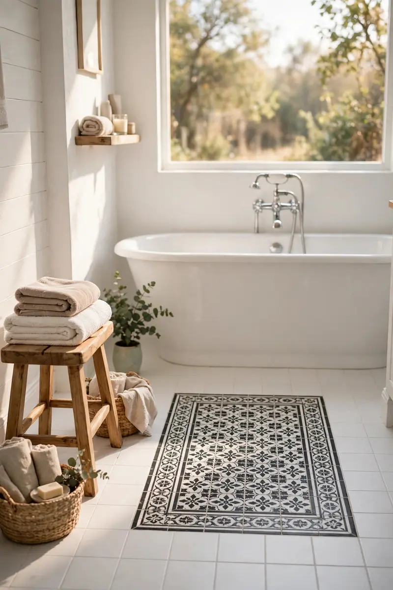 Framed tile rug inset of patterned tiles in a white bathroom floor