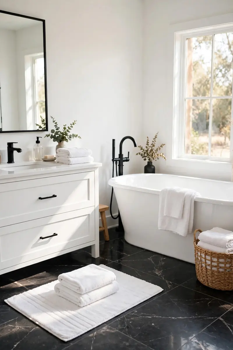 Black marble-look bathroom floor with white walls and tub