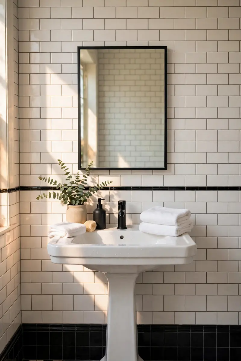 White subway tile wall with black pencil tile border