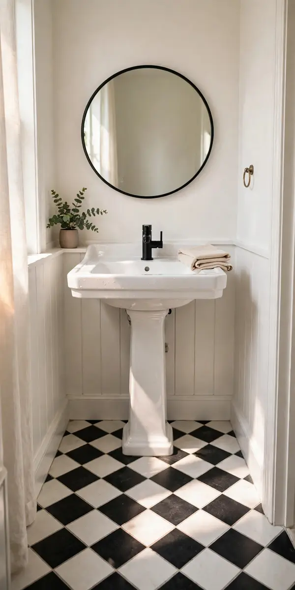 Black and white diamond harlequin tile floor in a powder room