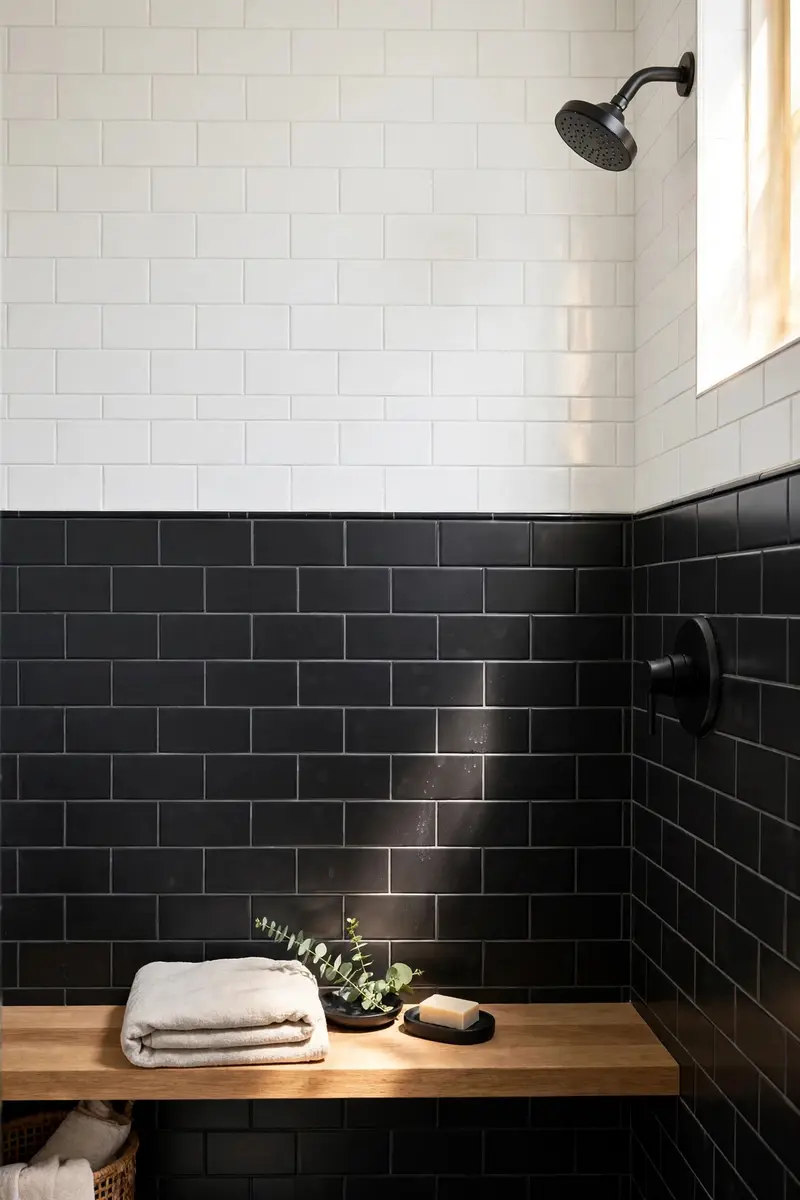 Shower wall split with black tiles below and white tiles above