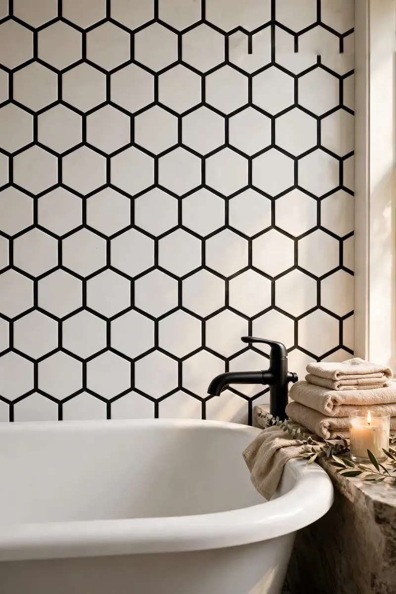 White hexagon wall tiles with black grout