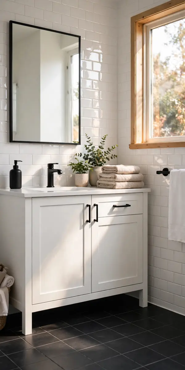 Bathroom with matte black floor tiles and glossy white wall tiles