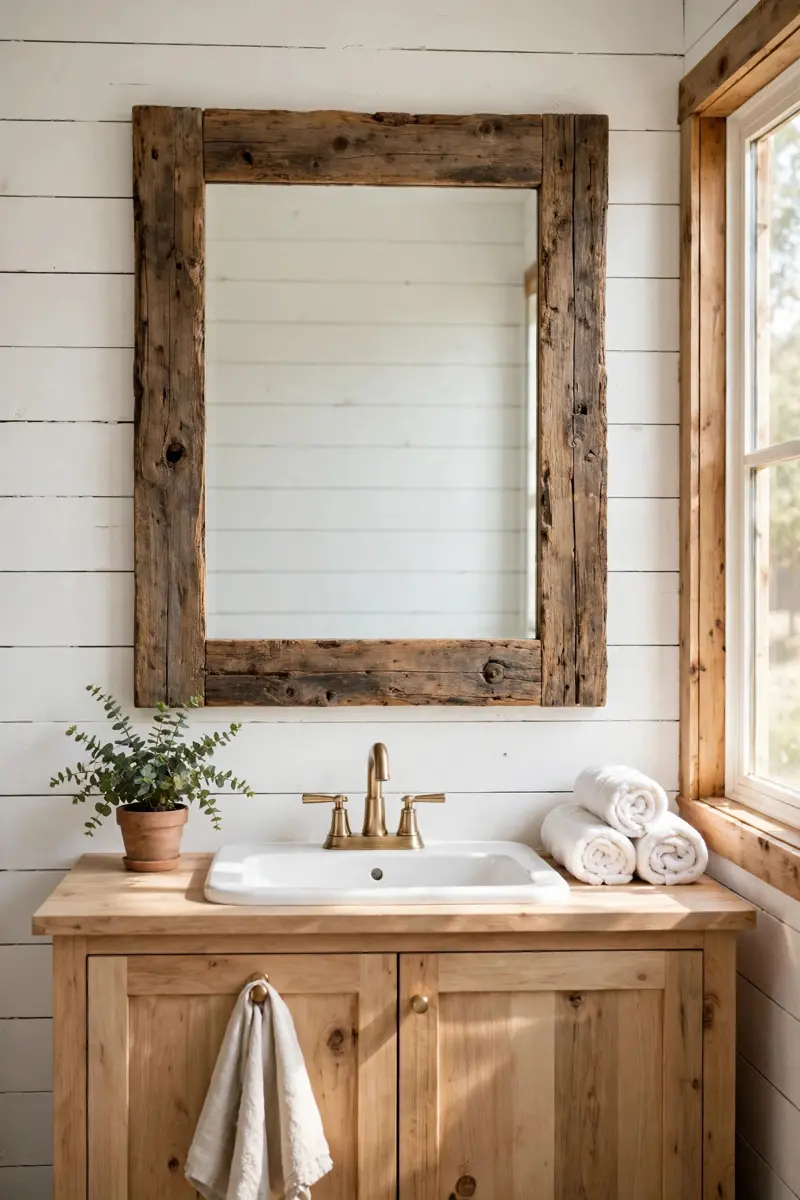 Farmhouse bathroom mirror ideas — reclaimed wood plank frame over a white vanity