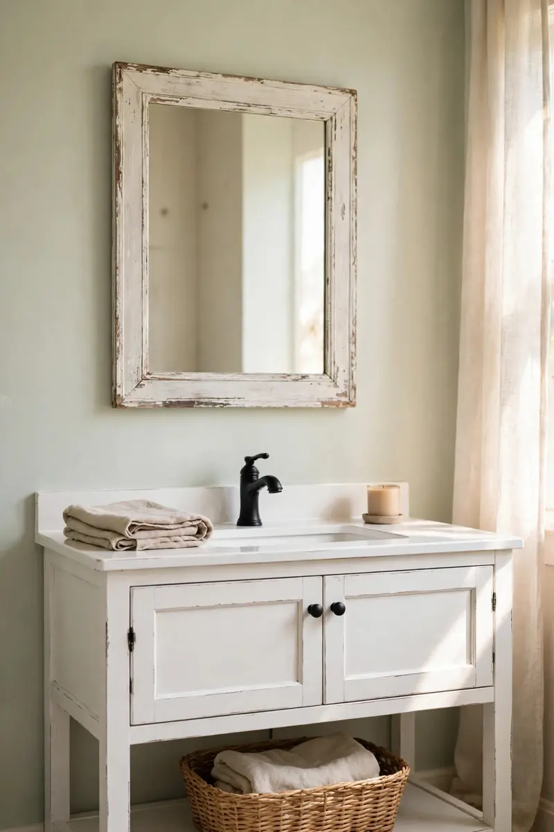 Farmhouse bathroom mirror ideas — whitewashed distressed frame in a bright bathroom