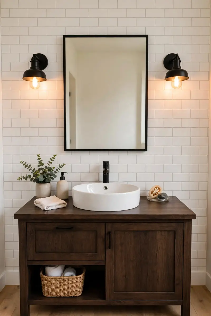 Farmhouse bathroom mirror ideas — matte black metal frame with matching sconces