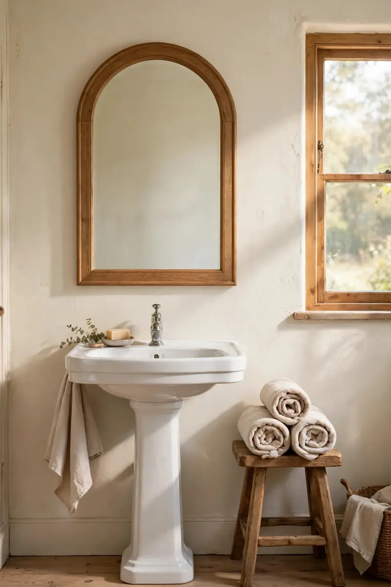 Arched-top wood farmhouse mirror above a vessel sink