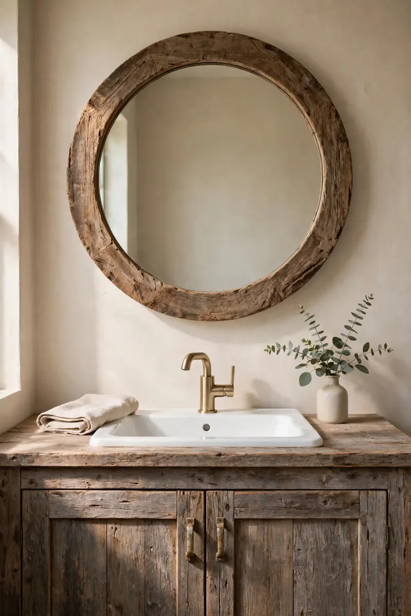 Round rustic wood farmhouse mirror over a single sink