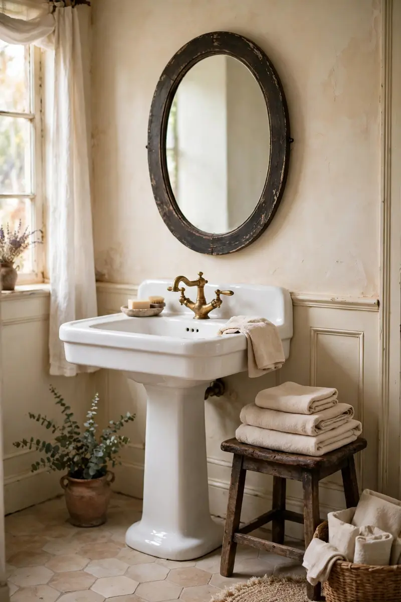 Vintage oval farmhouse mirror with distressed metal frame