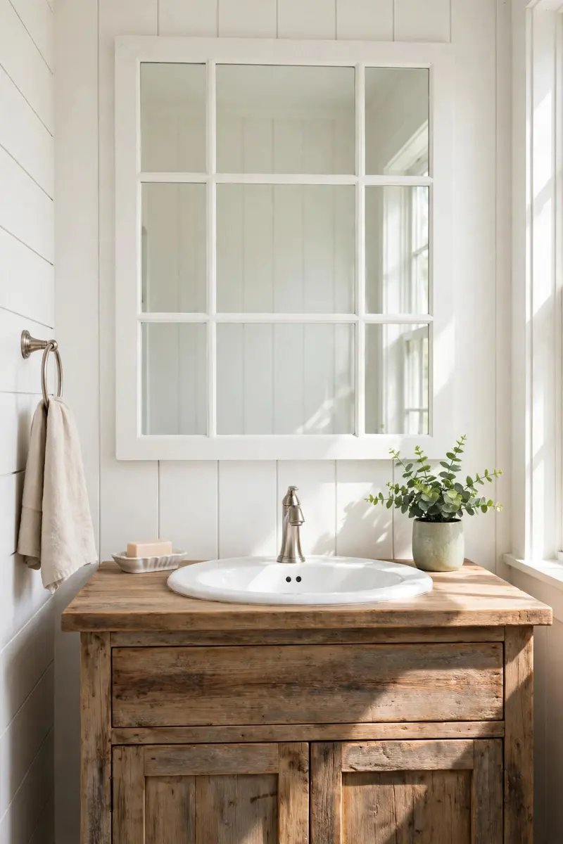 Windowpane farmhouse mirror over a shiplap vanity wall