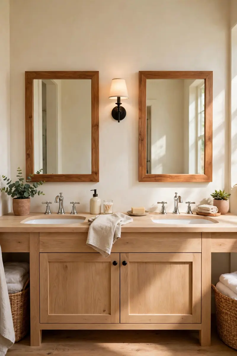 Double matching farmhouse mirrors over a double vanity