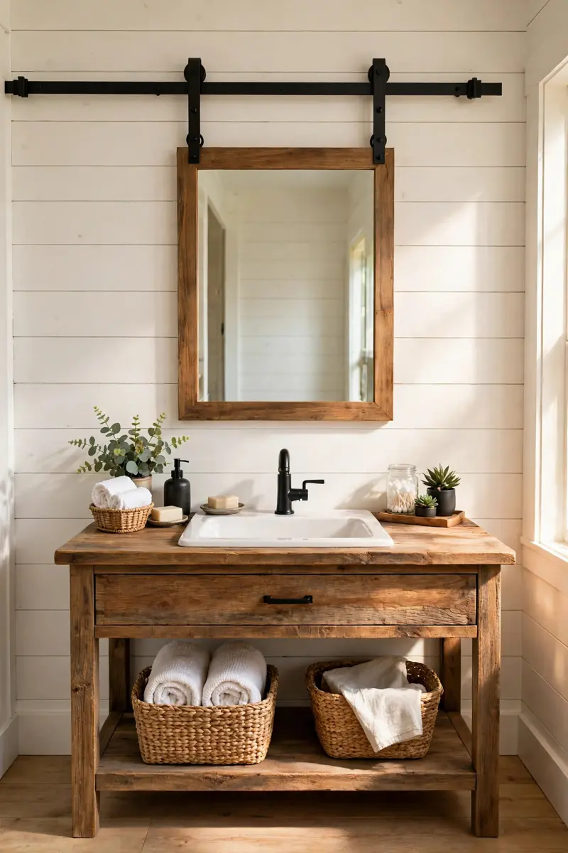 Farmhouse mirror hanging from a black barn-door track