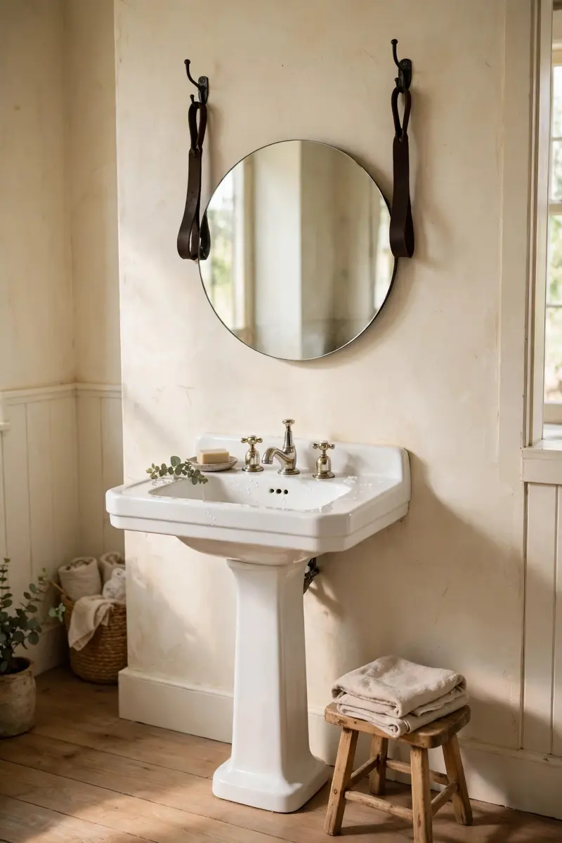 Round farmhouse mirror hung with leather straps