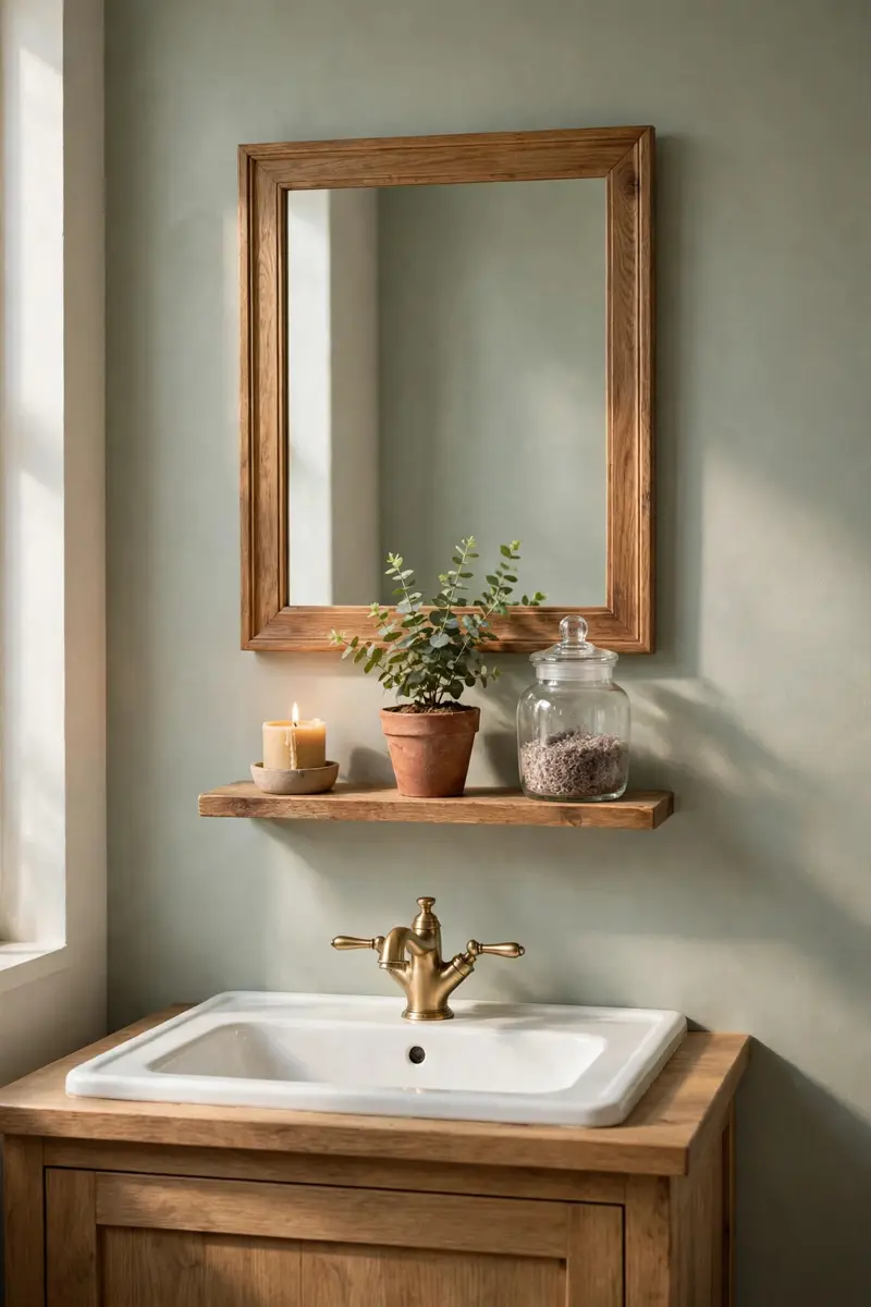 Farmhouse mirror with a small wooden shelf underneath
