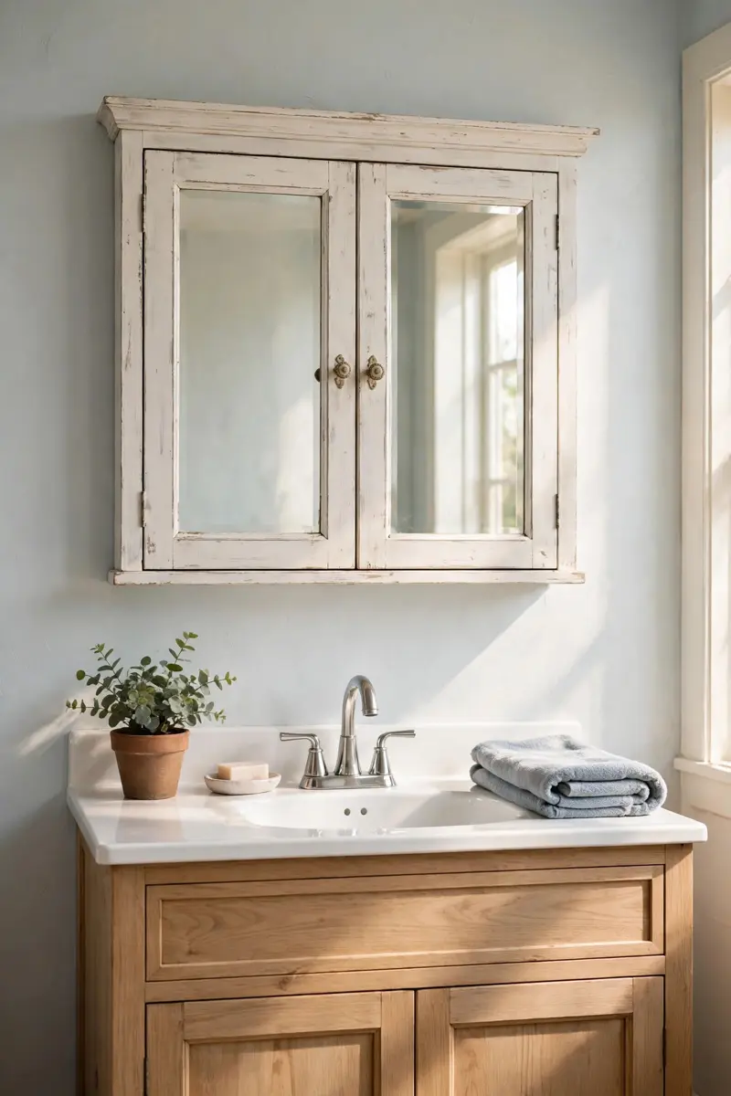 Farmhouse mirrored medicine cabinet with wood frame