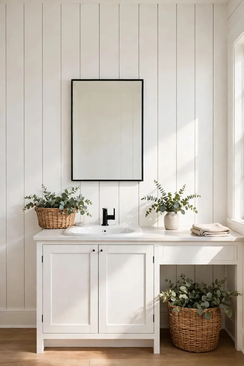 Farmhouse mirror on a white shiplap accent wall