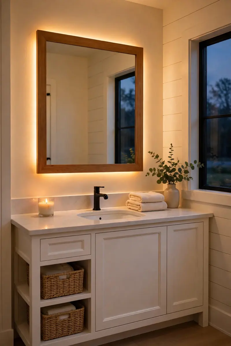 Backlit LED farmhouse mirror with warm halo light