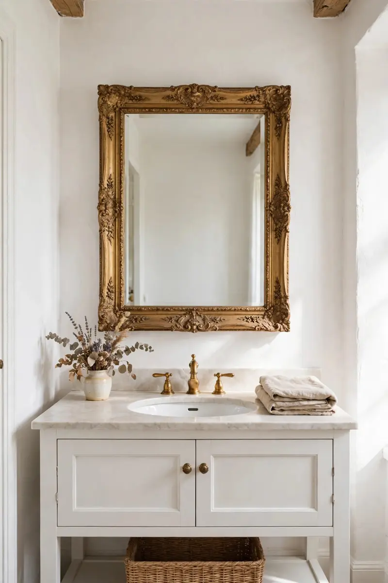 Antique gold ornate farmhouse mirror in a white bathroom