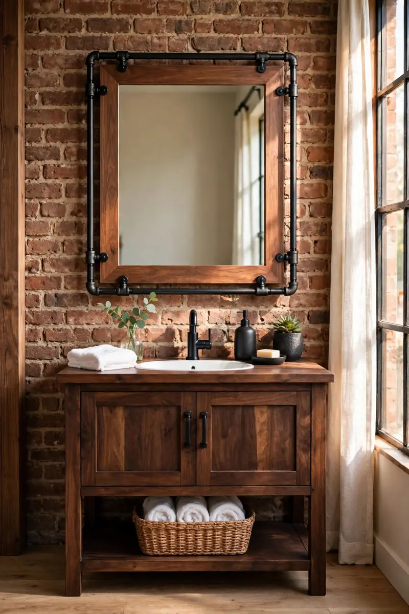 Industrial pipe and wood farmhouse mirror frame
