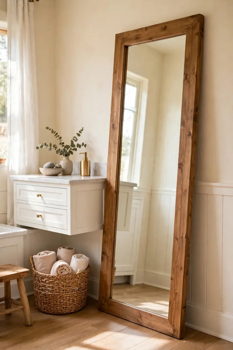 Full-length farmhouse mirror leaning against a bathroom wall