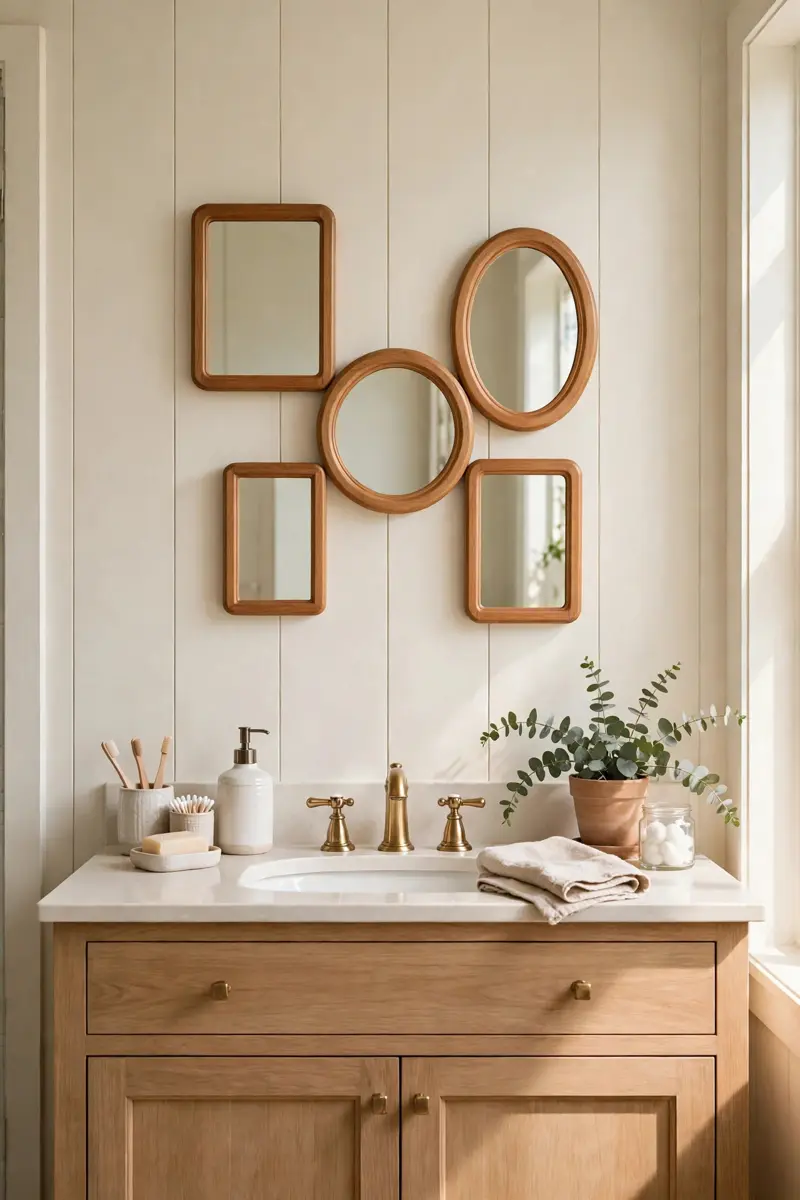 Gallery wall of small farmhouse mirrors in mixed shapes
