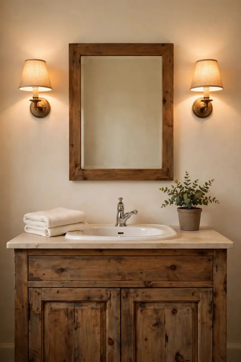 Farmhouse mirror flanked by warm wall sconces