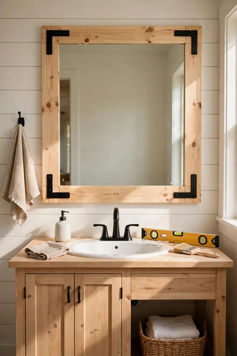 DIY wood frame built over a builder-grade bathroom mirror
