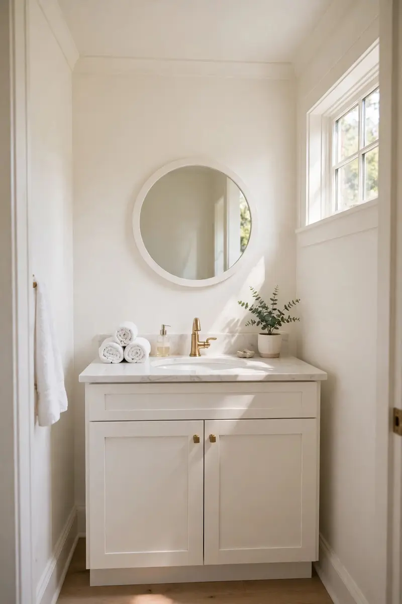 Budget small bathroom ideas — freshly painted light walls with white trim
