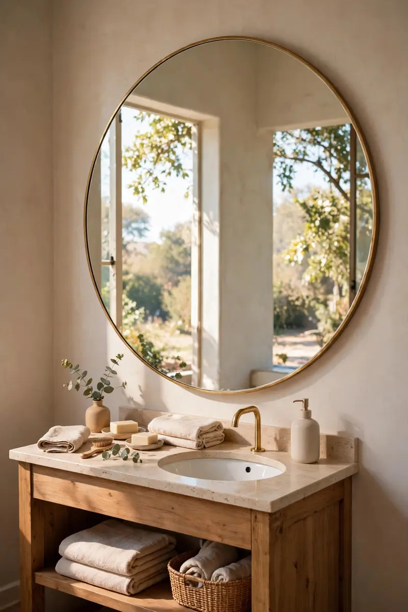 Budget small bathroom ideas — oversized round mirror with brass frame