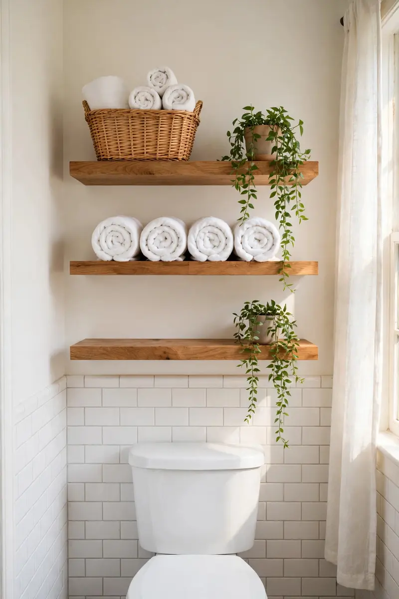 Budget small bathroom ideas — floating shelves above the toilet with rolled towels