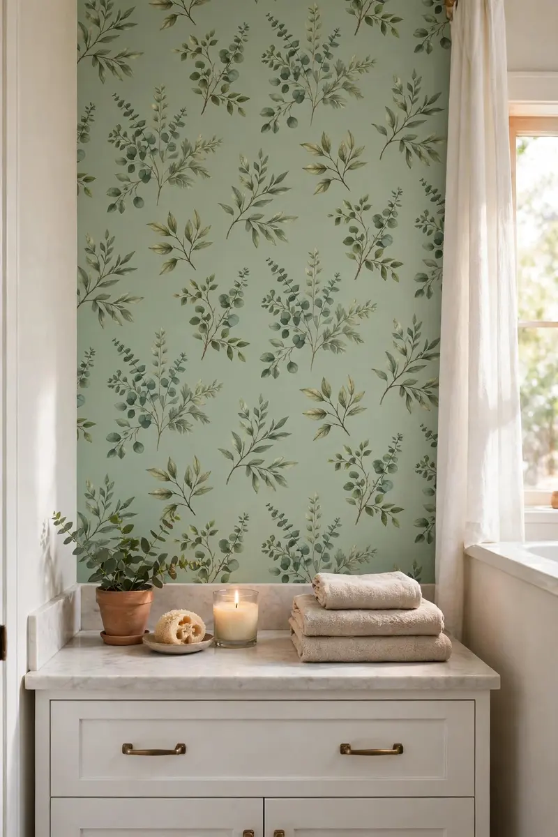 Sage botanical peel-and-stick wallpaper accent wall in a small bathroom