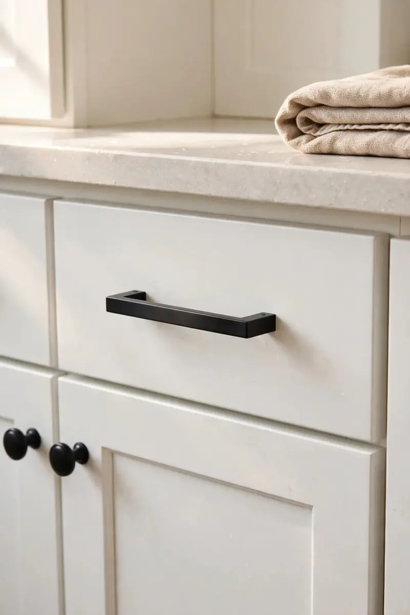 Matte black cabinet pulls on a white bathroom vanity