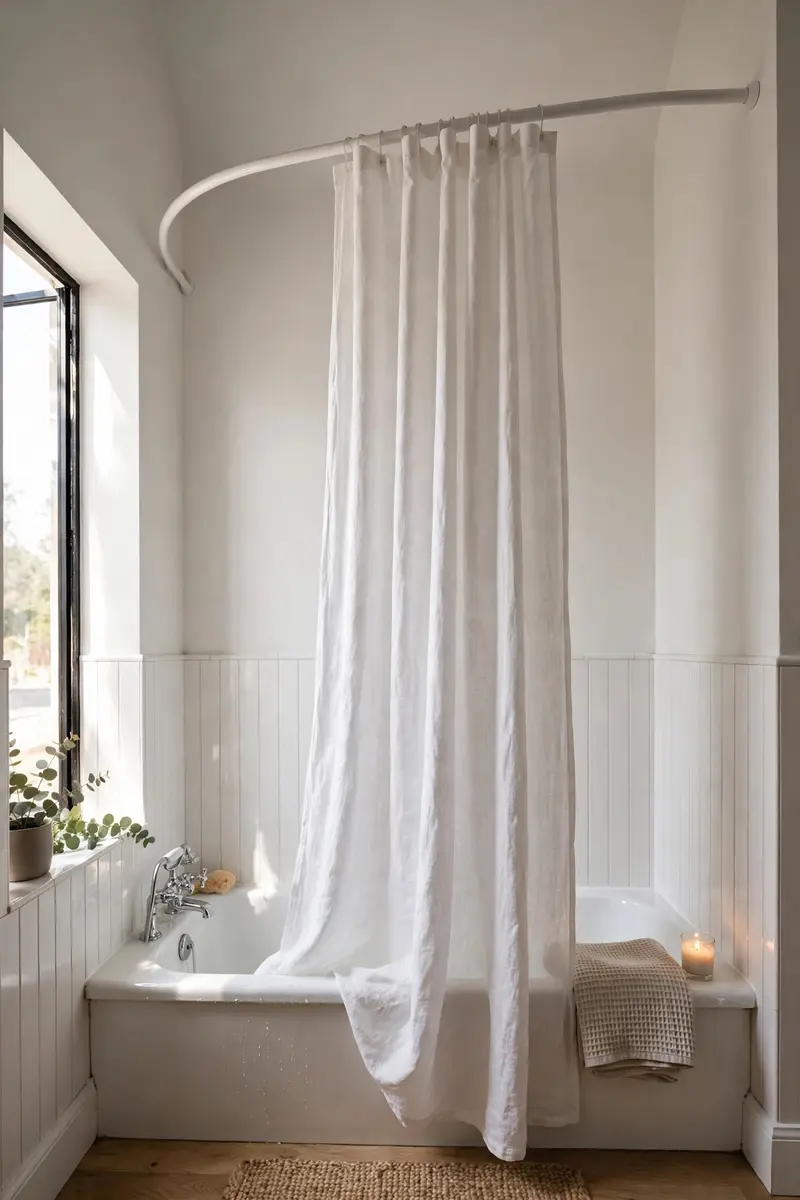 White shower curtain hung high near the ceiling in a small bathroom