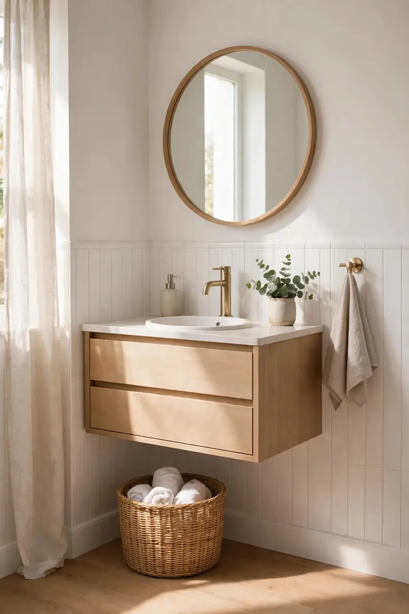 Wall-mounted floating vanity with open floor space beneath it
