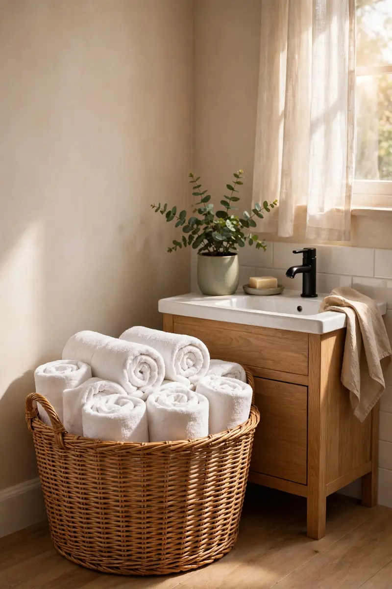 Woven basket filled with rolled white towels beside a bathroom vanity