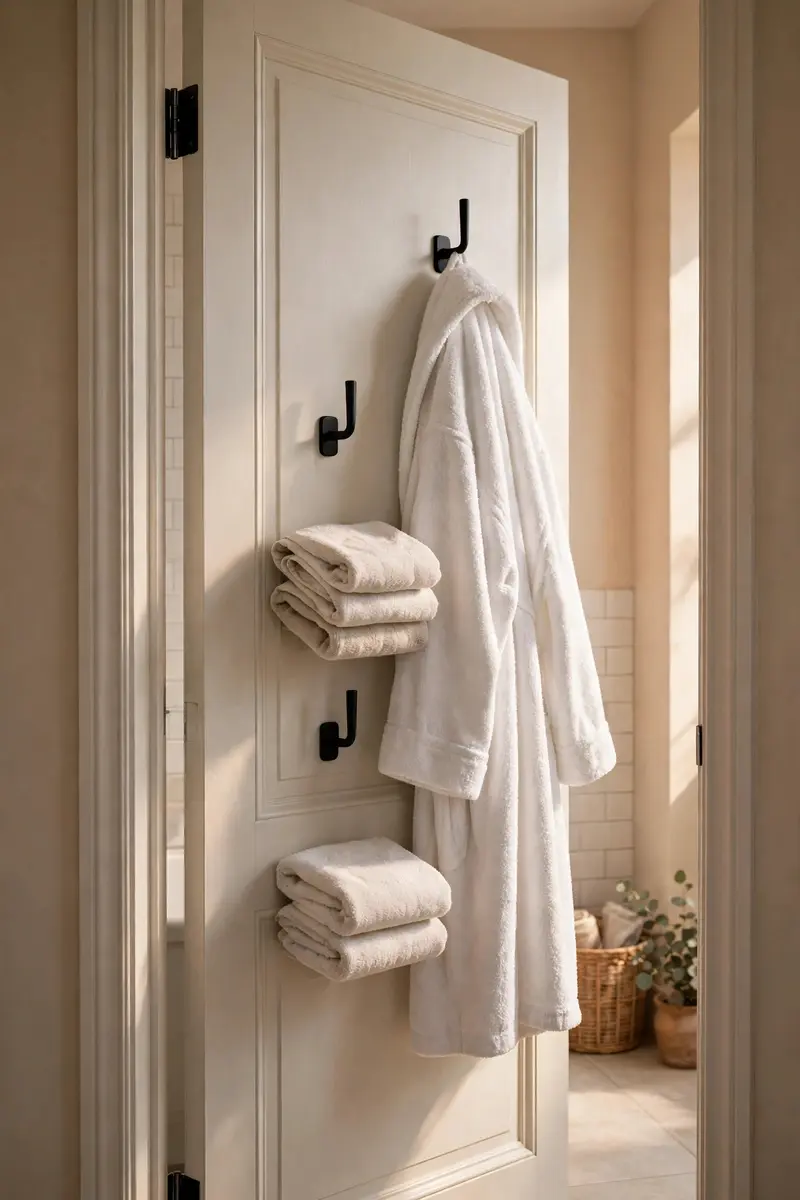 Black wall hooks holding a bathrobe and towels on a bathroom door