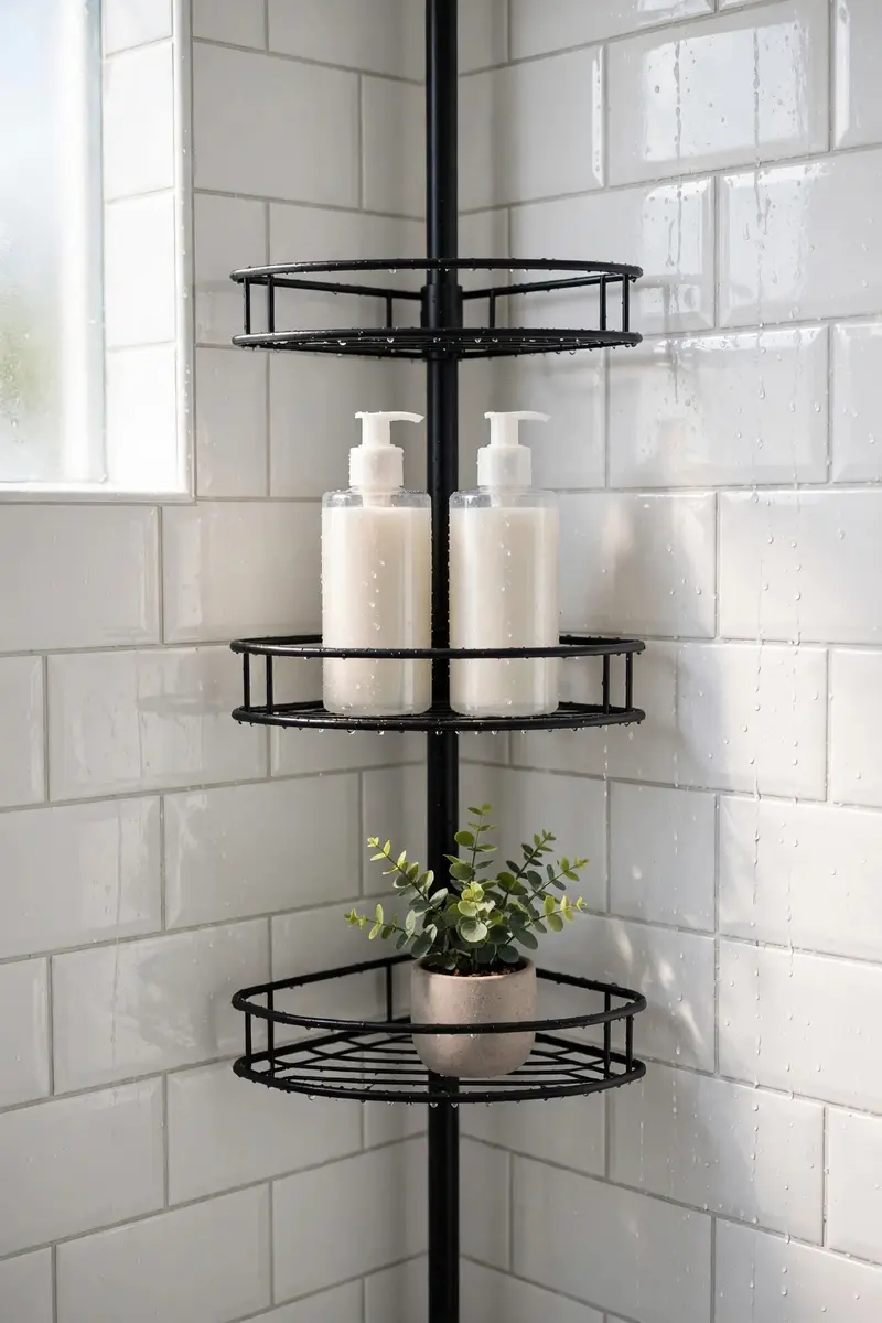 Corner shelf with matching bottles in a bright tiled shower
