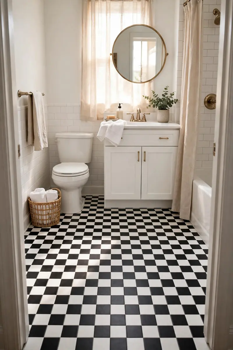 Black-and-white checkerboard peel-and-stick floor tiles in a small bathroom
