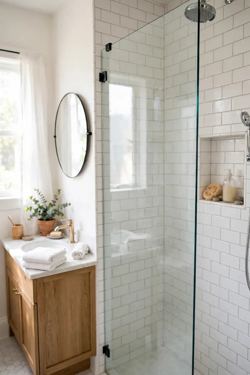 Clear frameless glass shower panel showing white subway tile