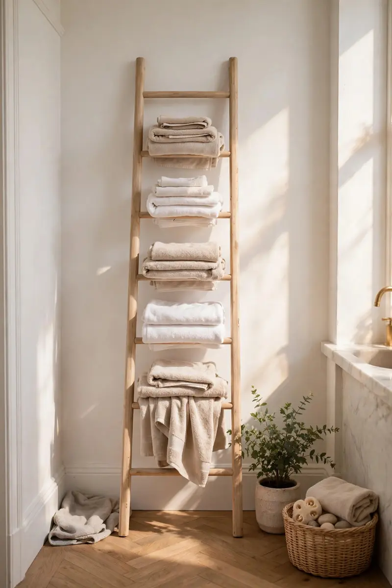 Wooden leaning ladder towel rack with beige and white towels