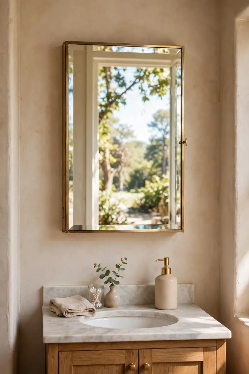 Mirrored medicine cabinet with a slim brass frame above a vanity