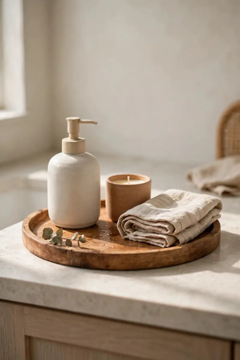 Wooden vanity tray with soap dispenser, candle and folded towel