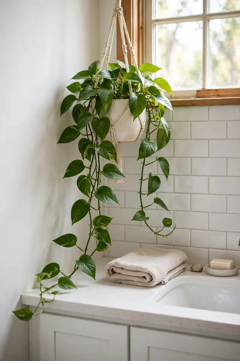 Trailing pothos plant in a ceramic pot above a bathroom vanity
