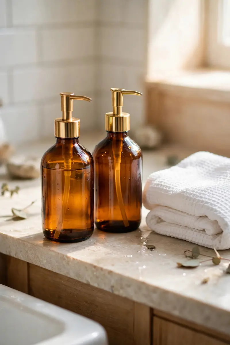 Matching amber glass soap and lotion pump dispensers on a counter