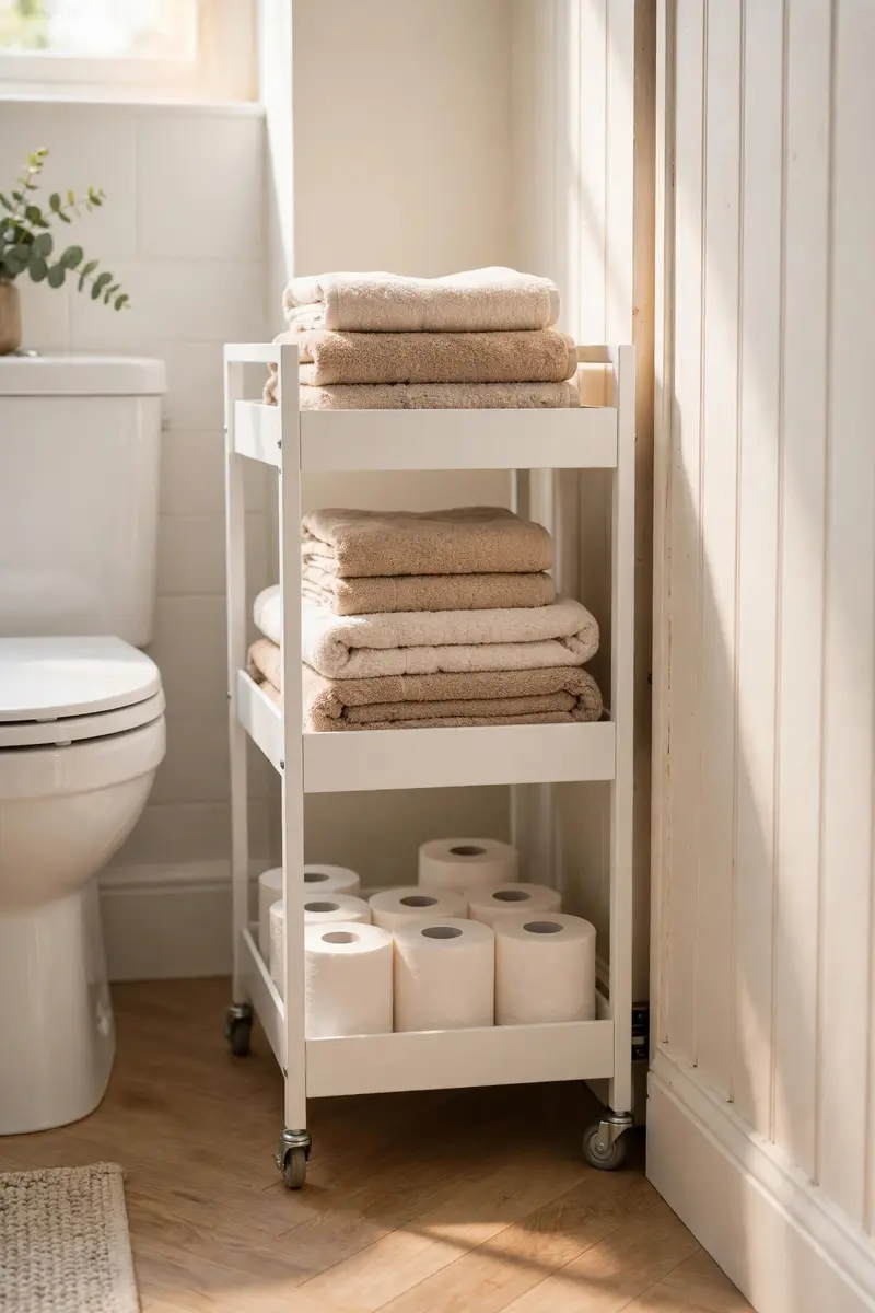 Slim white rolling cart pulled from the gap beside a toilet