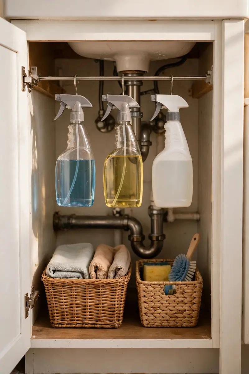 Organized under-sink cabinet with tension rod and storage bins