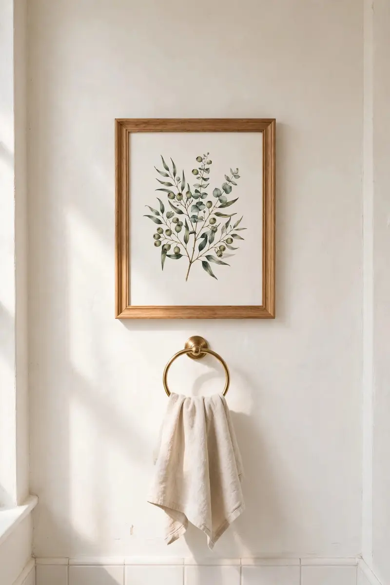 Framed botanical art print on a small bathroom wall