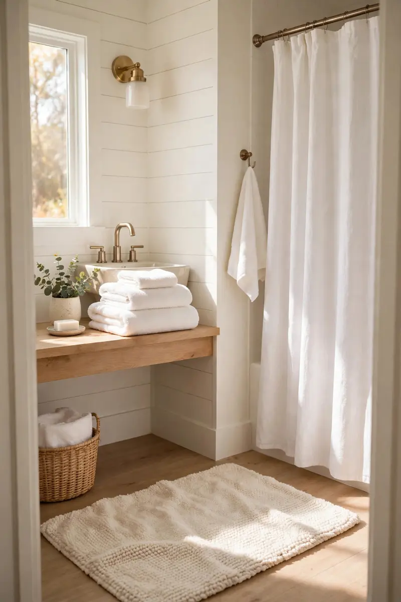 Small bathroom styled with all-white towels and a cream bath mat