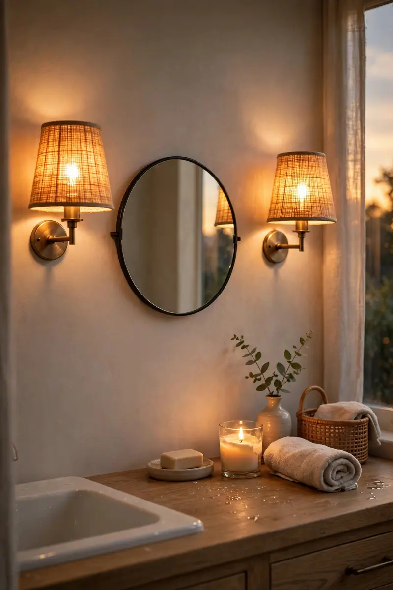 Warm glowing wall sconces beside a bathroom mirror