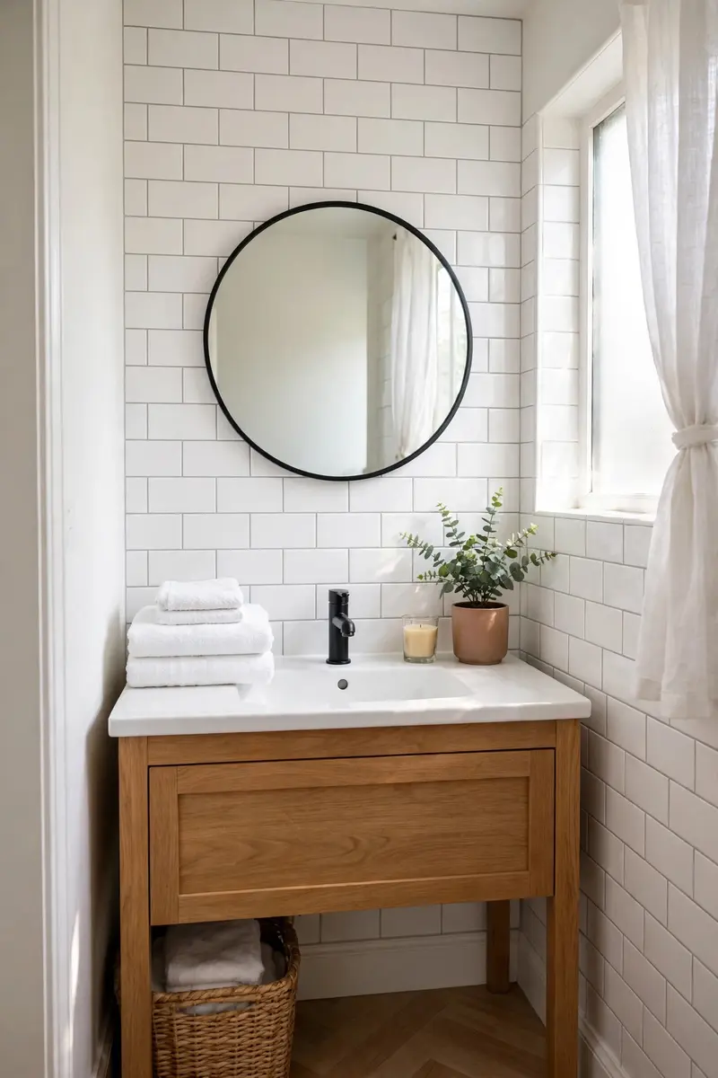 Spotlessly tidy small bathroom with clear counter and folded towels
